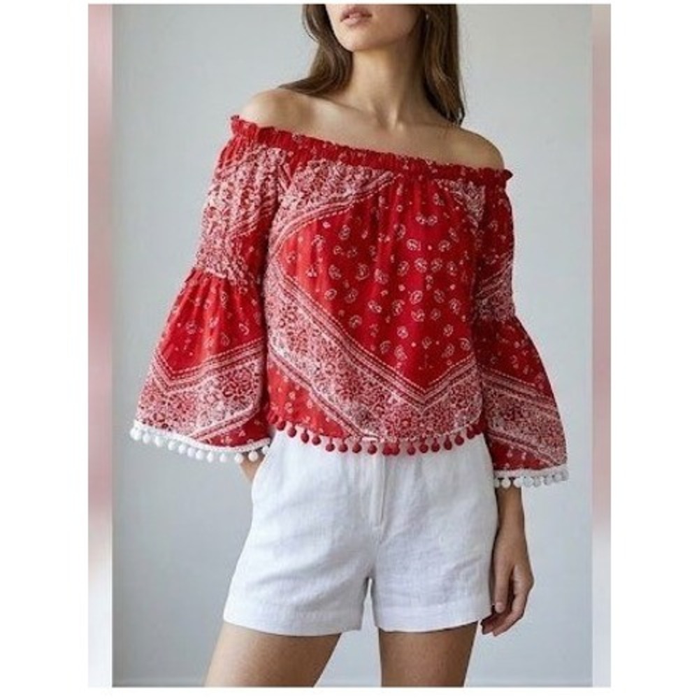 Coquette Boho Bandana Paisley Pom‎ Pom Off Shoulder Crop Top XS Bell Sleeve
